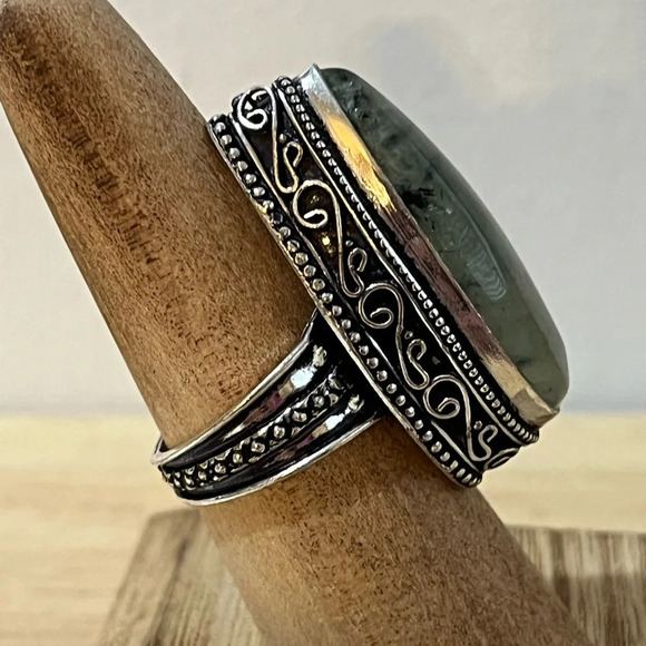 925 STAMPED STERLING SILVER OVERLAY PREHNITE GEMSTONE SIZE 7.75 - Picture 3 of 8